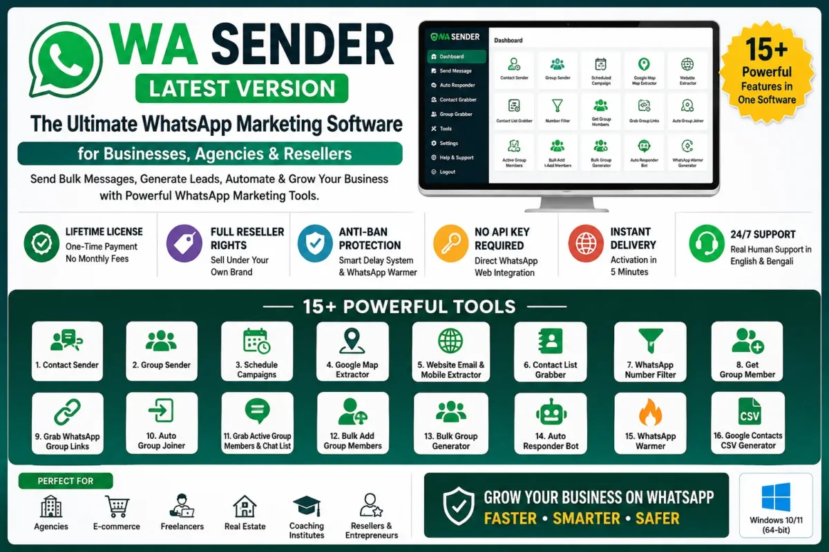 WA Sender Latest Version software for WhatsApp bulk messaging, lead generation, auto responder, Google Maps data extraction, and business marketing automation.