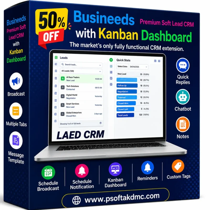 Busineeds Premium Soft Lead CRM with Kanban Dashboard for WhatsApp lead management, broadcast messaging, chatbot, reminders, and customer relationship management.
