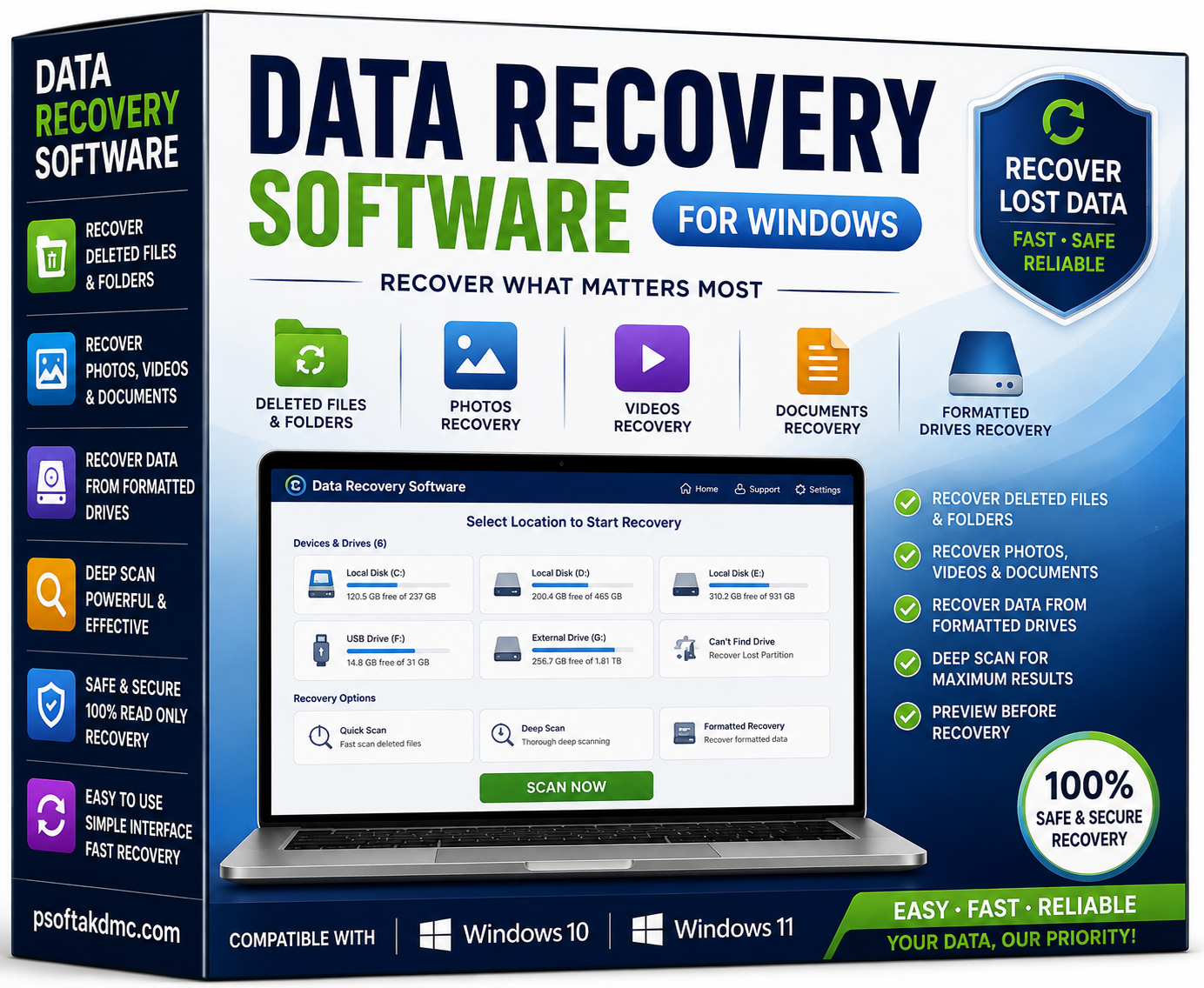 Software for Windows 10 & 11 | PSOFTAKDMC Image Caption: Data Recovery Software for Windows 10 and 11 to recover deleted files photos videos and documents