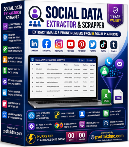## Product Image SEO Content **Image File Name:** social-data-extractor-scrapper-psoftakdmc.jpg **Image Alt Text:** Social Data Extractor and Scrapper for email phone number and lead extraction **Image Title:** Social Data Extractor & Scrapper | PSOFTAKDMC **Image Caption:** Social Data Extractor & Scrapper for extracting available emails and phone numbers from supported social platforms with Excel and HTML export. **Image Description:** Social Data Extractor & Scrapper is a multi-platform lead-generation software solution available from **psoftakdmc.com**. The tool supports email and phone number extraction, country and platform filtering, bulk keyword and country searches, automated page scraping, Chrome or Firefox support, and Excel or HTML data export. **Primary Image Keyword:** Social Data Extractor & Scrapper **Secondary Image Keywords:** Social Data Extractor, Social Data Scraper, Social Media Data Extractor, Social Media Scraper, Email Extractor Software, Phone Number Extractor, Lead Generation Software, Social Media Lead Scraper, Email Scraper Software, Social Media Lead Generation Tool **Image SEO Tags:** Social Data Extractor, Social Data Scrapper, Email Extractor, Phone Number Extractor, Social Media Lead Generation, Bulk Lead Scraper, Excel Data Export, HTML Data Export, psoftakdmc.com **Brand / Website:** PSOFTAKDMC — psoftakdmc.com **Recommended Image Context:** Place this product image near the **Social Data Extractor & Scrapper** product title and description. Keep the image filename, alt text, product heading, and surrounding page content closely aligned so search engines and AI systems can clearly understand the product and its purpose.
